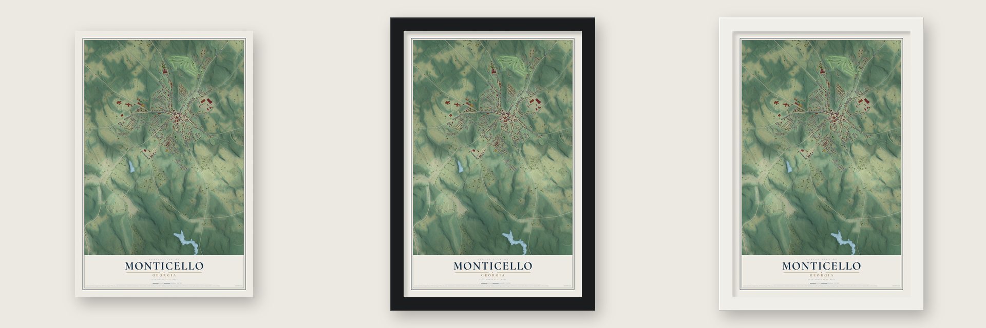 Monticello, Georgia map unframed, in a black wood frame and in a white wood frame