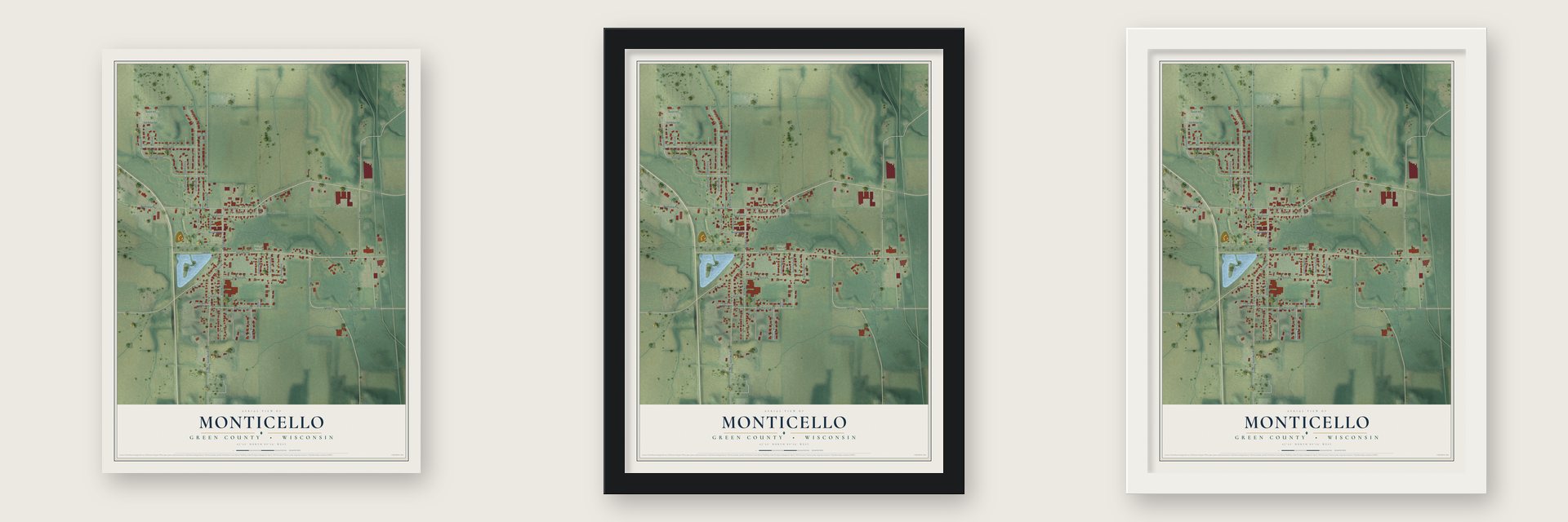 Monticello, Green County, Wisconsin map unframed, in a black wood frame and in a white wood frame