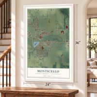 Monticello, Green County, Wisconsin map, 24 x 36 inch print in a white frame by a staircase