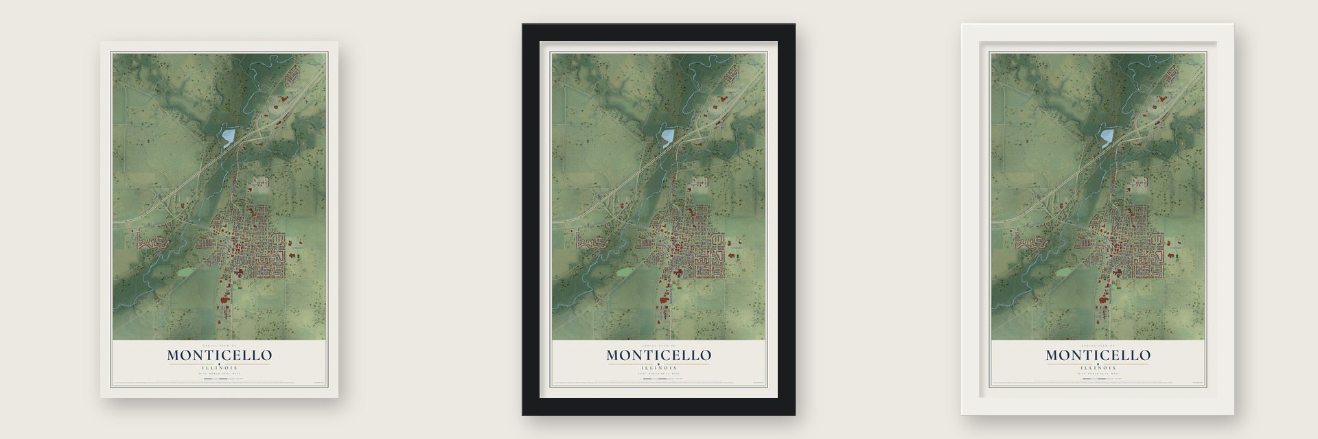 Monticello, Illinois map unframed, in a black wood frame and in a white wood frame
