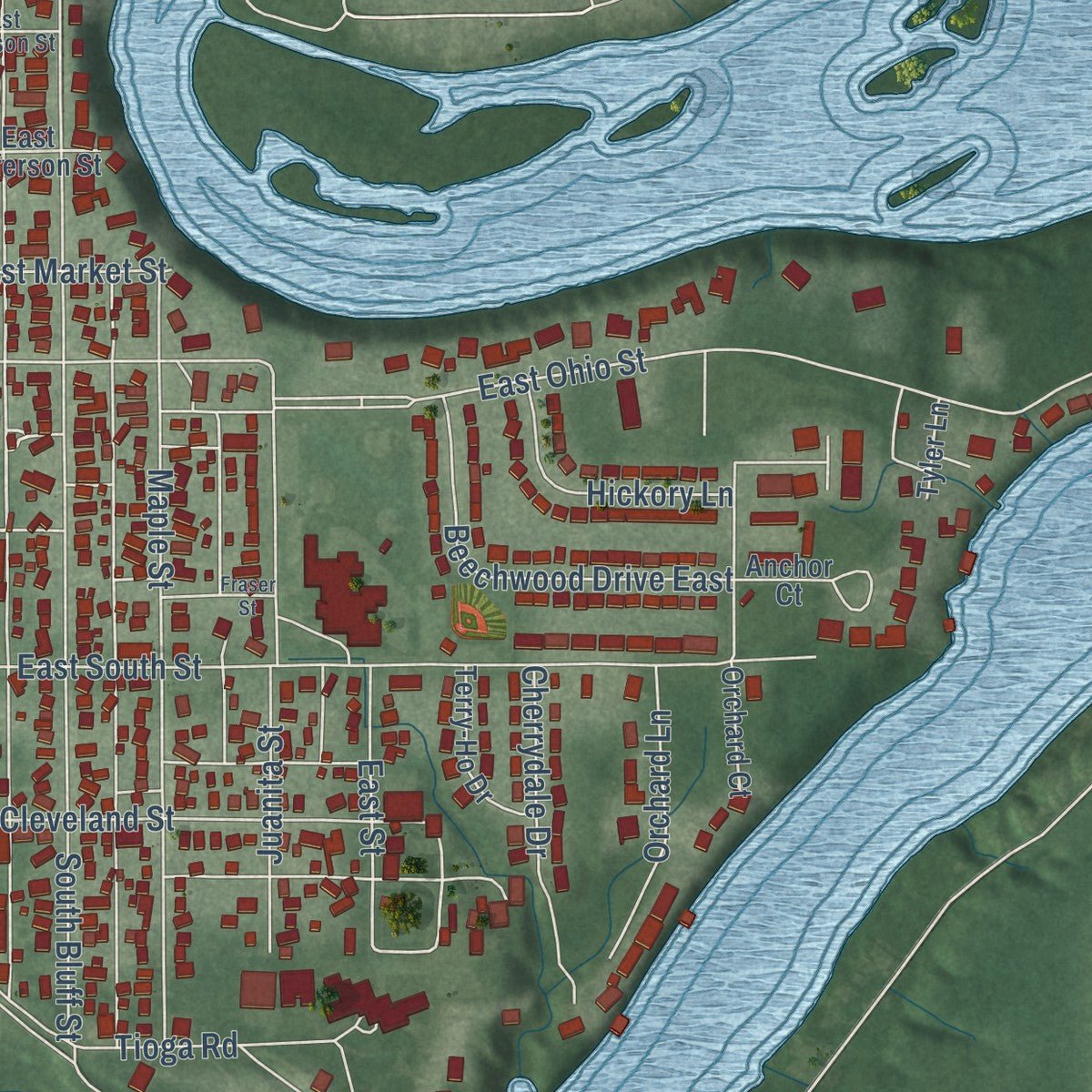 Second close-up of the map of Monticello, Indiana print showing more streets and buildings
