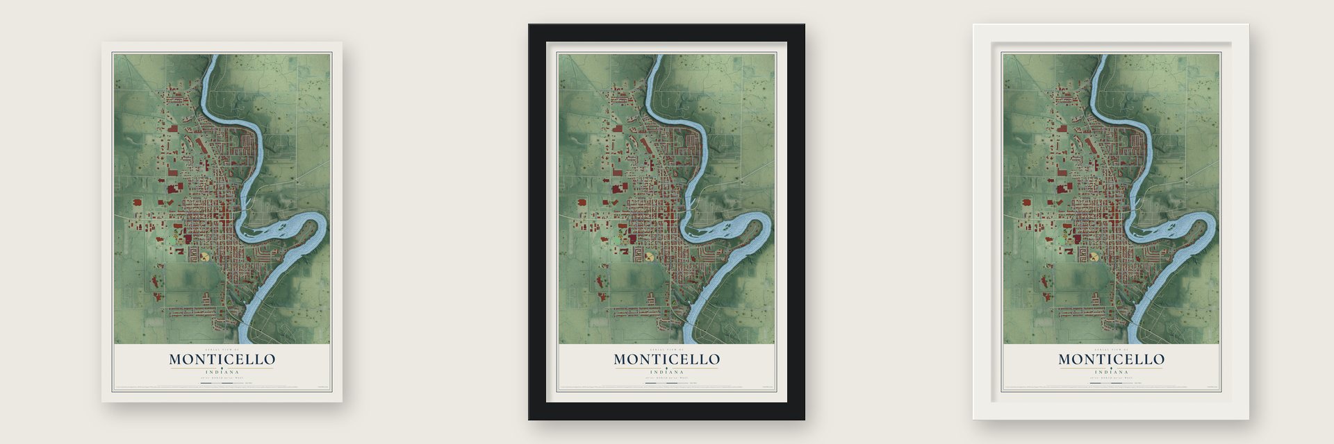 Monticello, Indiana map unframed, in a black wood frame and in a white wood frame