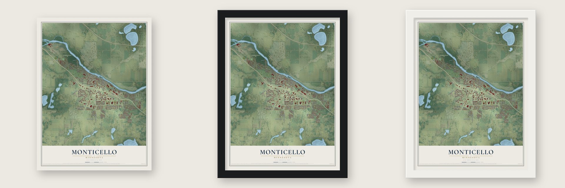Monticello, Minnesota map unframed, in a black wood frame and in a white wood frame