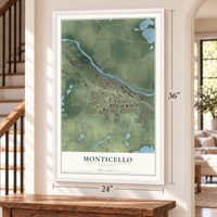 Monticello, Minnesota map, 24 x 36 inch print in a white frame by a staircase