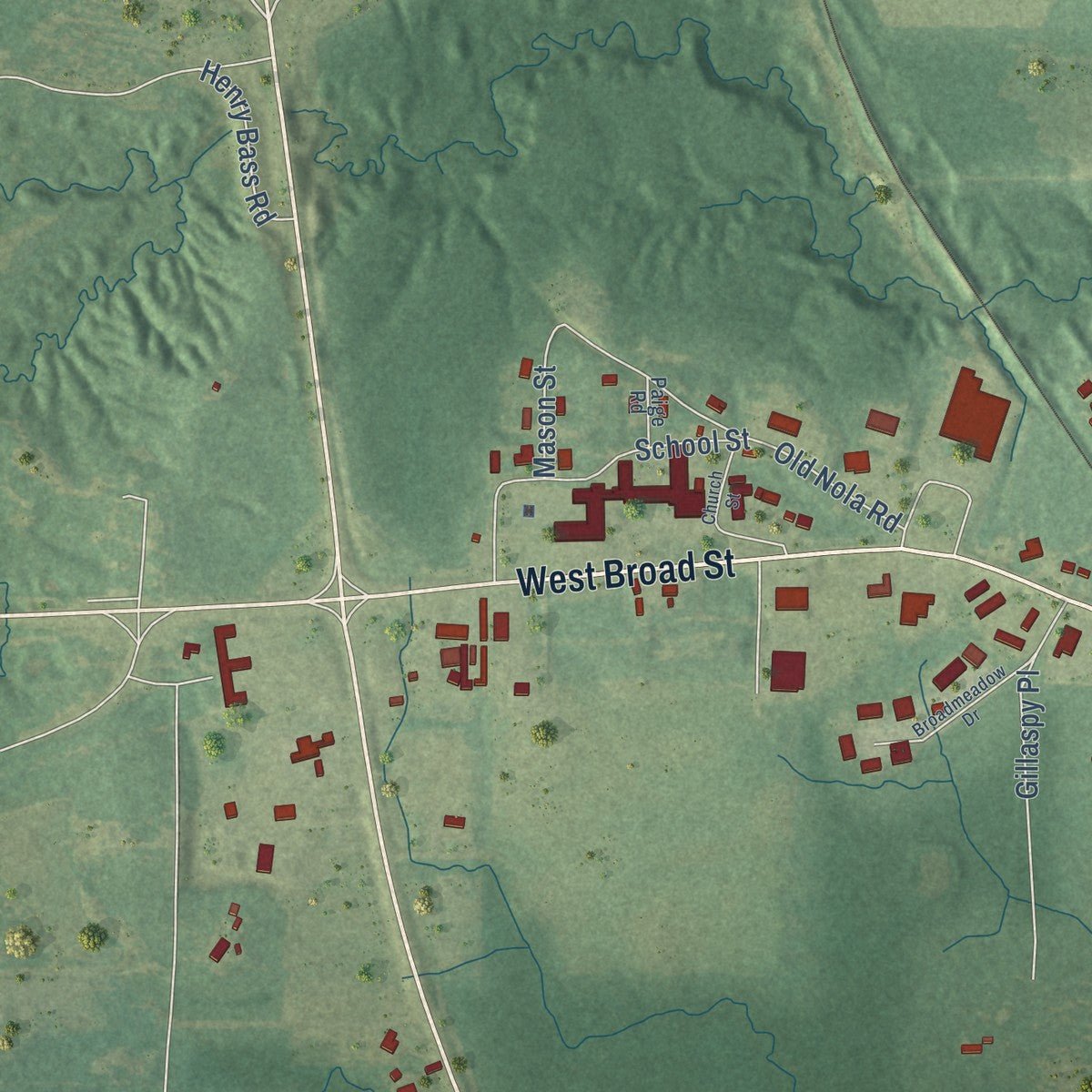 Second close-up of the map of Monticello, Mississippi print showing more streets and buildings