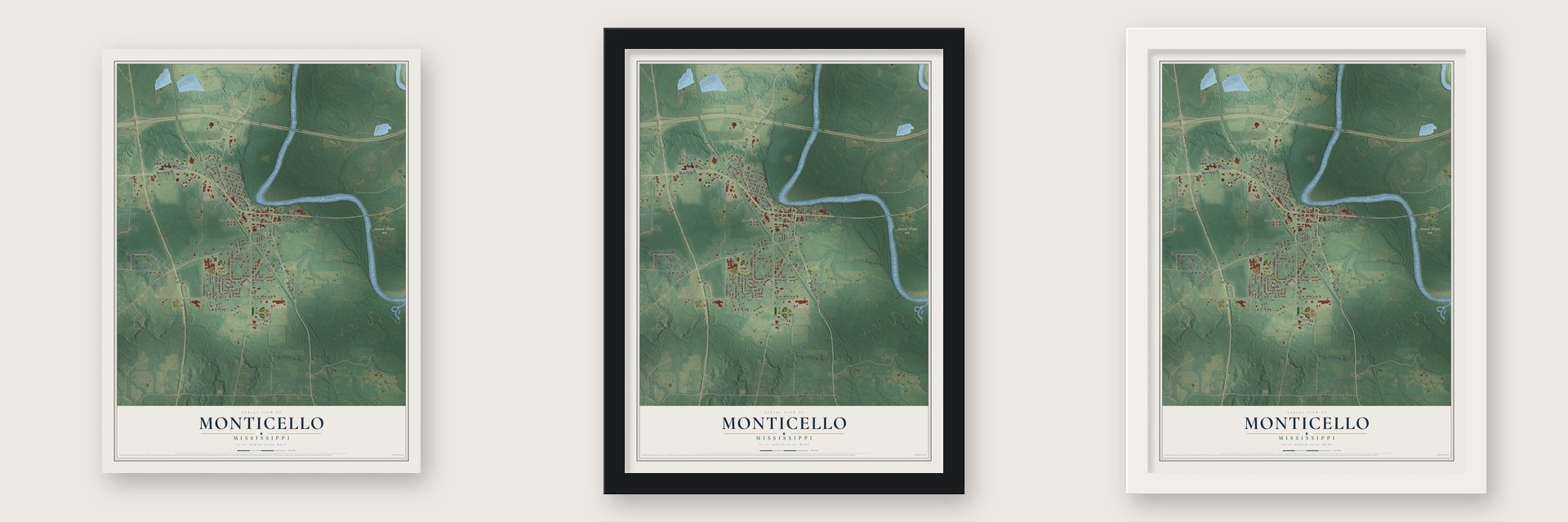 Monticello, Mississippi map unframed, in a black wood frame and in a white wood frame