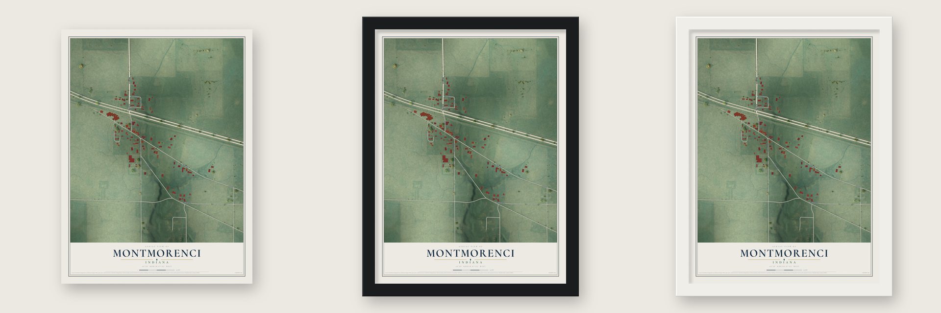 Montmorenci, Indiana map unframed, in a black wood frame and in a white wood frame
