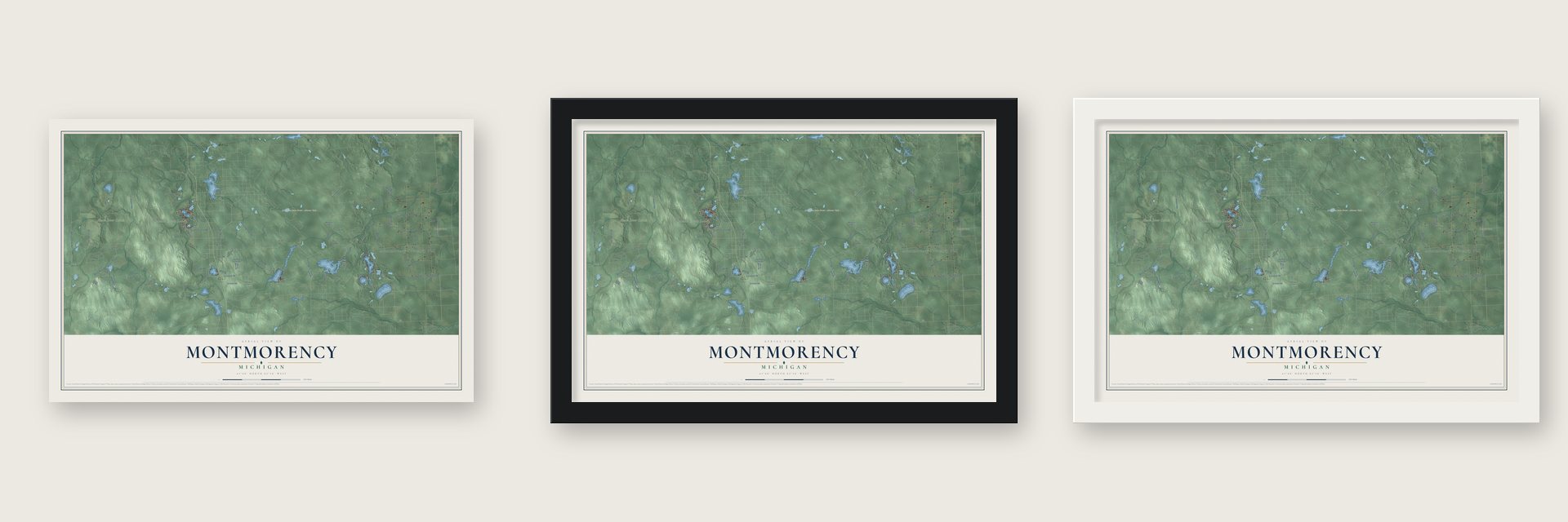 Montmorency, Michigan map unframed, in a black wood frame and in a white wood frame