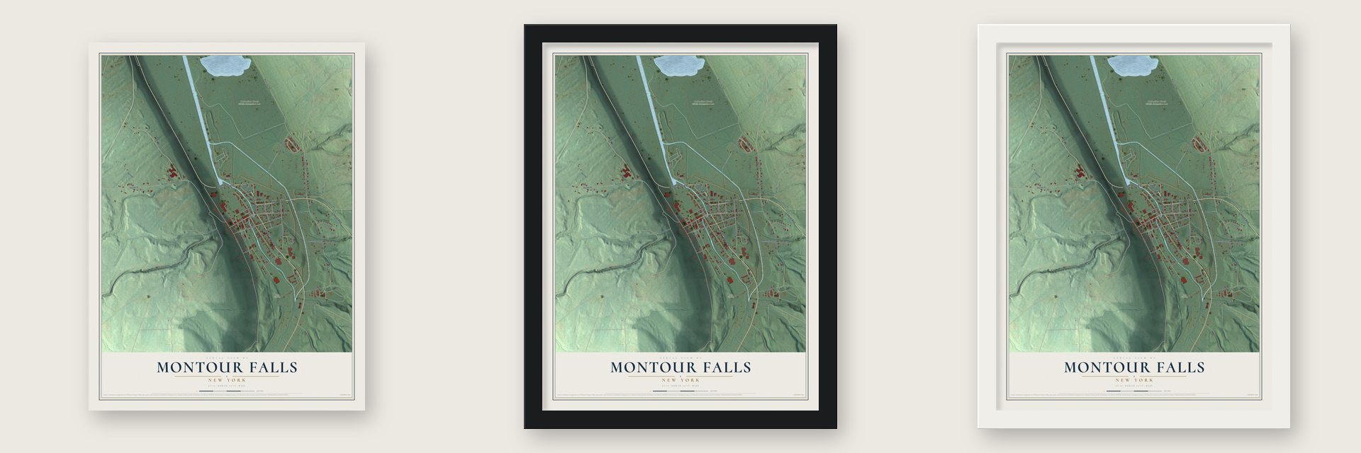 Montour Falls, New York map unframed, in a black wood frame and in a white wood frame