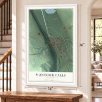 Montour Falls, New York map, 24 x 36 inch print in a white frame by a staircase