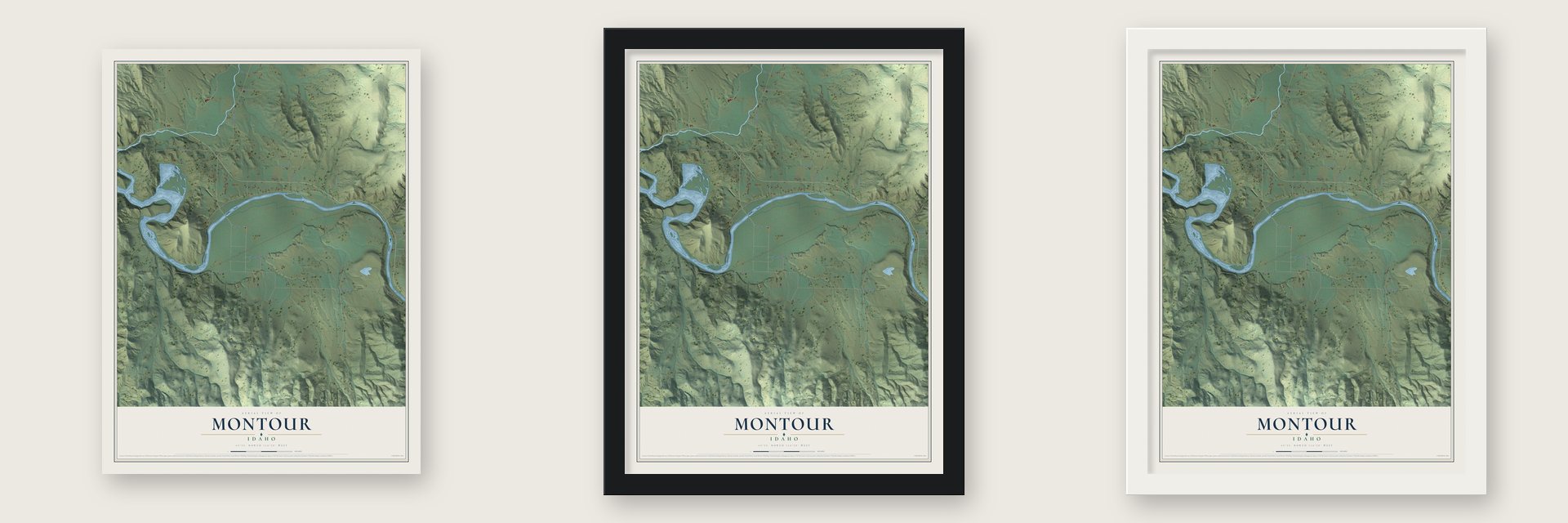 Montour, Idaho map unframed, in a black wood frame and in a white wood frame