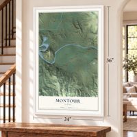Montour, Idaho map, 24 x 36 inch print in a white frame by a staircase
