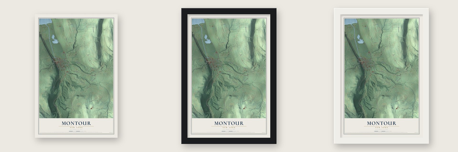 Montour, New York map unframed, in a black wood frame and in a white wood frame