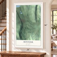 Montour, New York map, 24 x 36 inch print in a white frame by a staircase