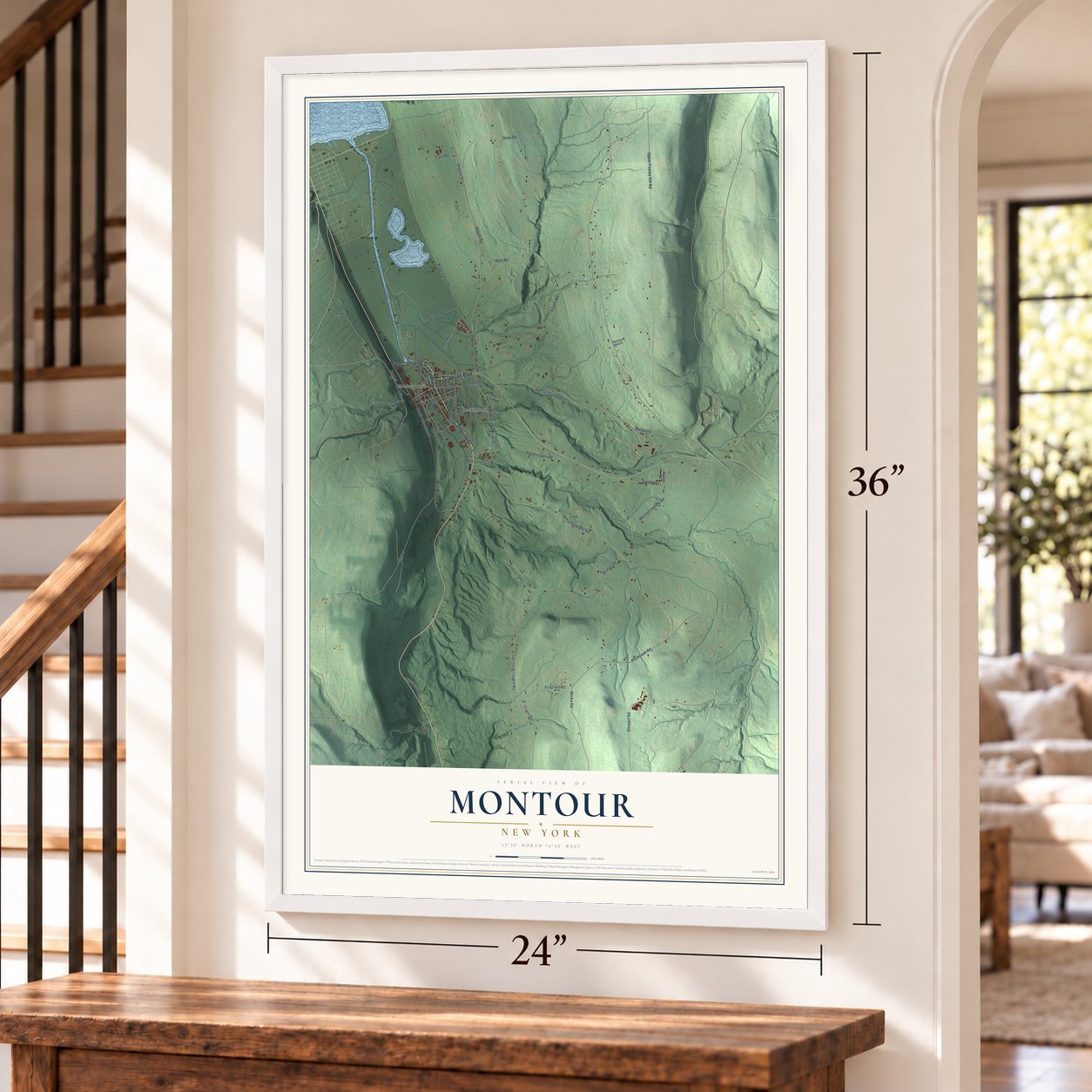 Montour, New York map, 24 x 36 inch print in a white frame by a staircase