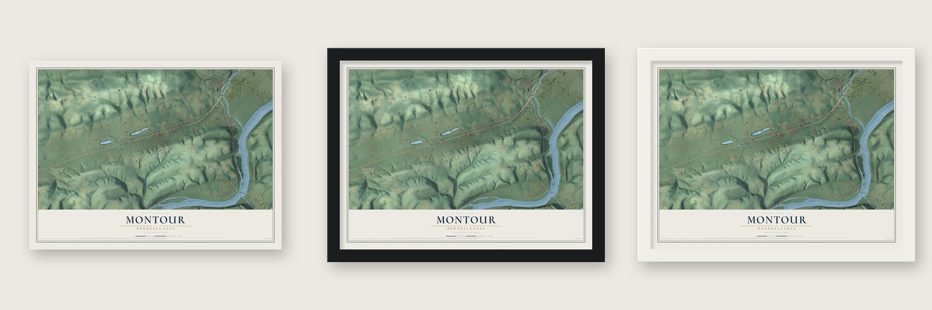 Montour, Pennsylvania map unframed, in a black wood frame and in a white wood frame