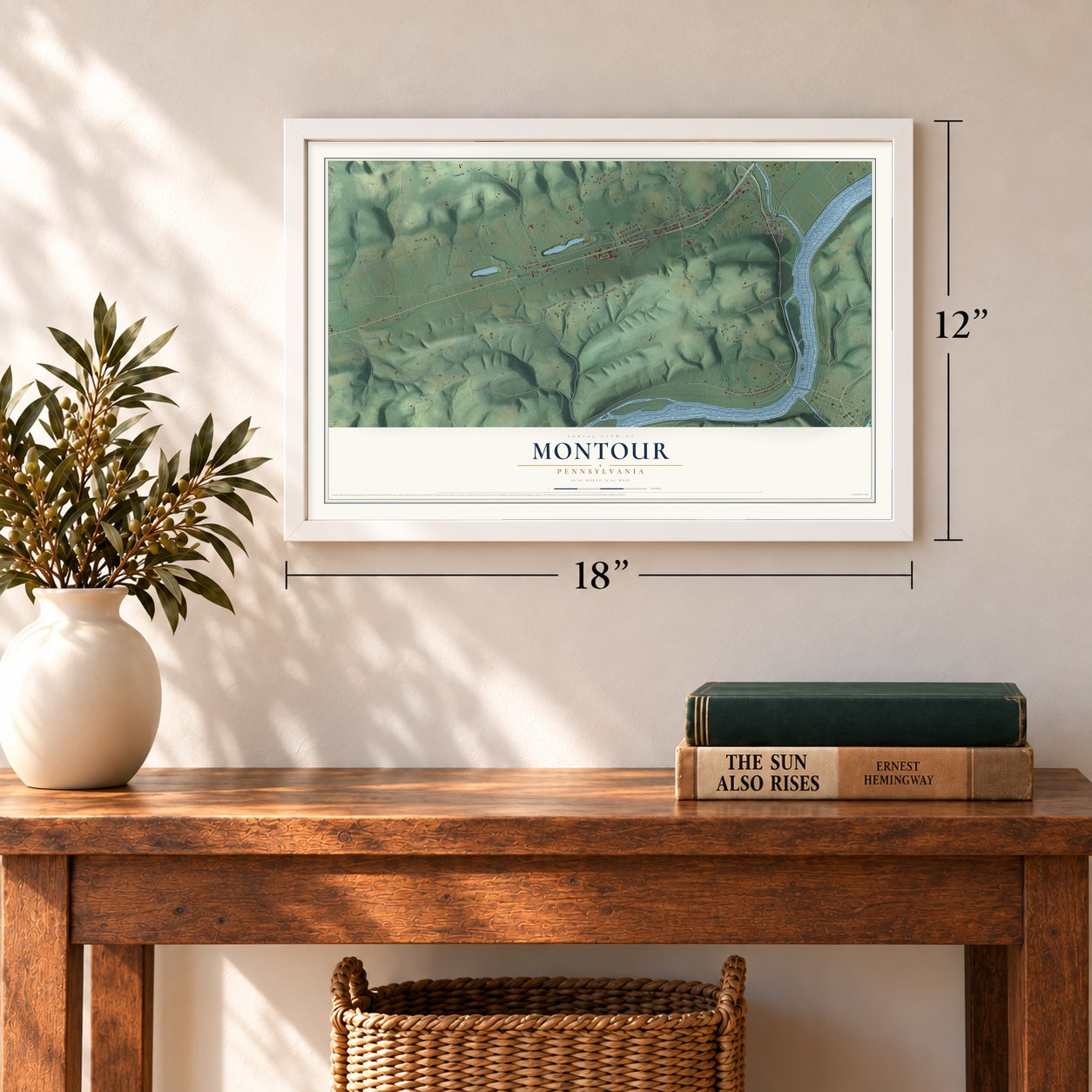 Montour, Pennsylvania map, 12 x 18 inch print in a white frame in an entryway
