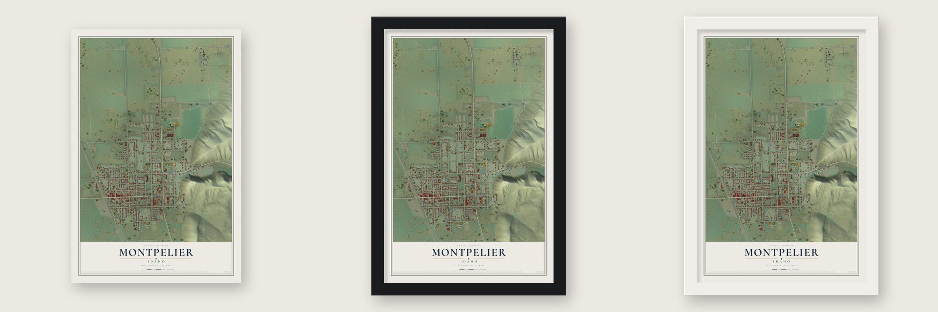 Montpelier, Idaho map unframed, in a black wood frame and in a white wood frame