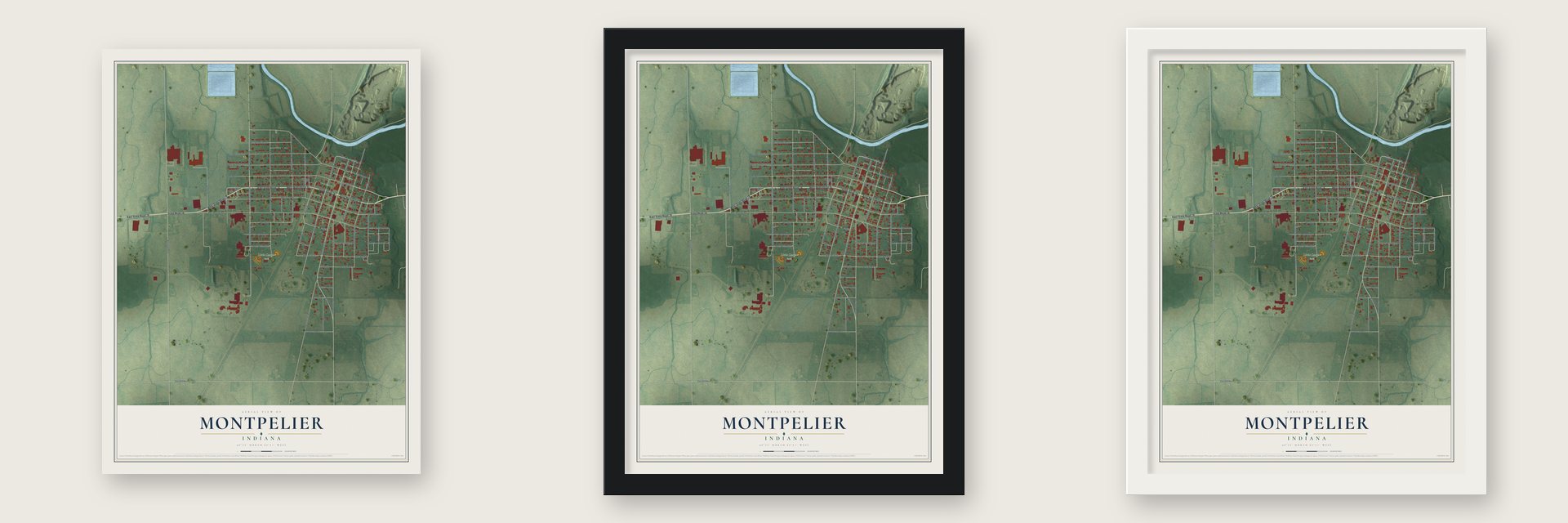 Montpelier, Indiana map unframed, in a black wood frame and in a white wood frame