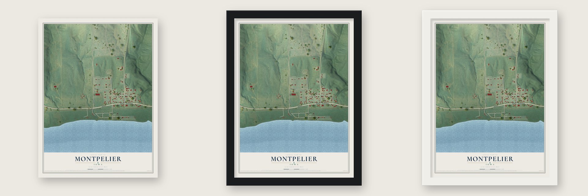Montpelier, Iowa map unframed, in a black wood frame and in a white wood frame