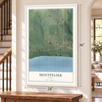 Montpelier, Iowa map, 24 x 36 inch print in a white frame by a staircase