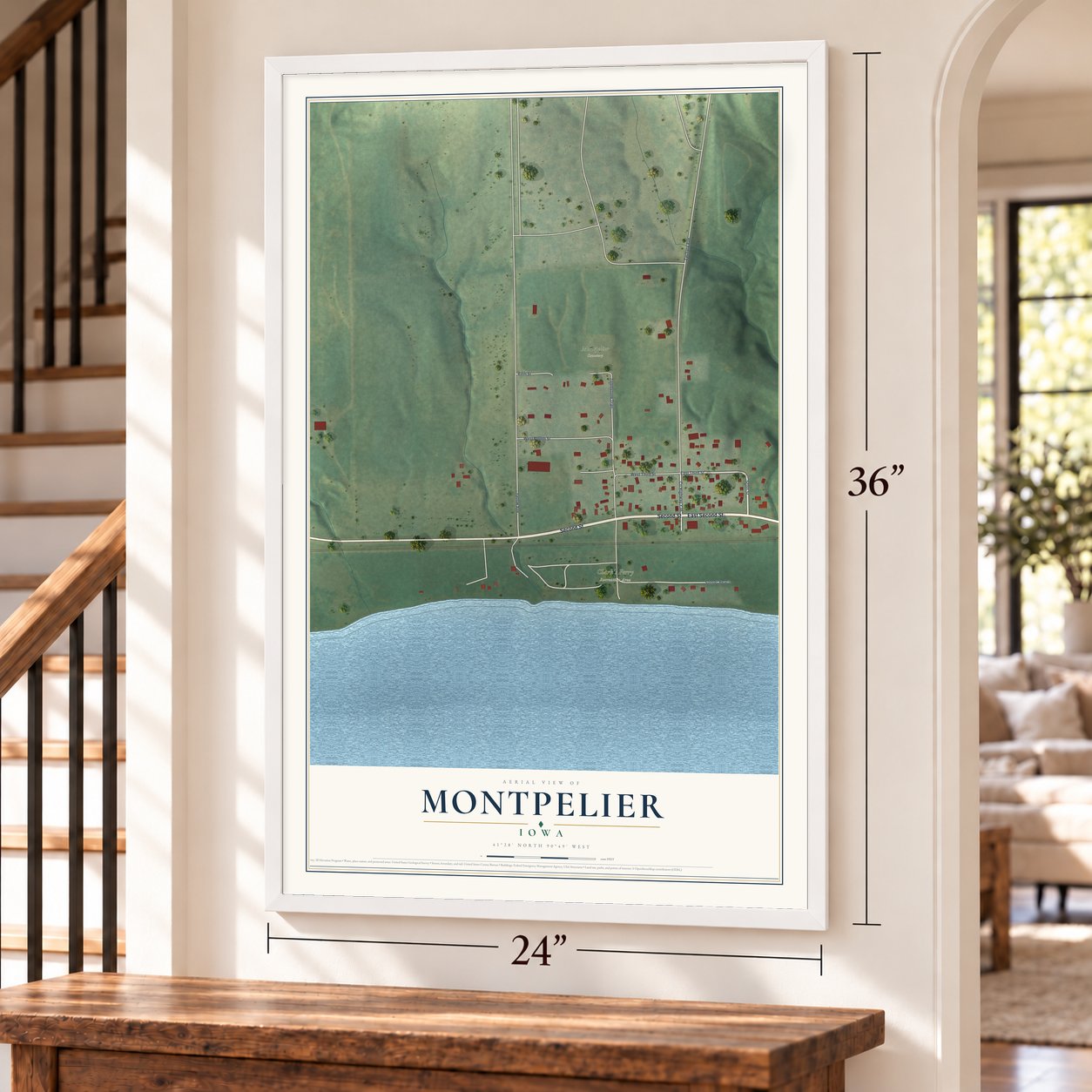 Montpelier, Iowa map, 24 x 36 inch print in a white frame by a staircase