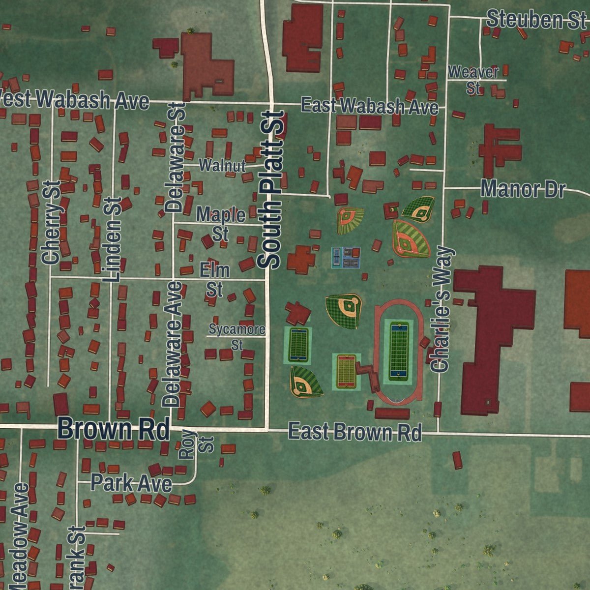 Second close-up of the map of Montpelier, Ohio print showing more streets and buildings