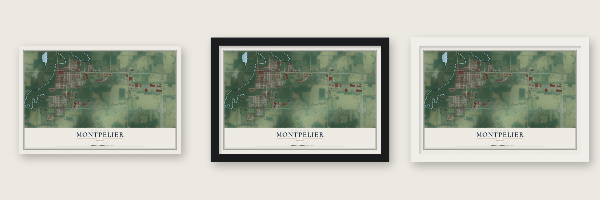 Montpelier, Ohio map unframed, in a black wood frame and in a white wood frame