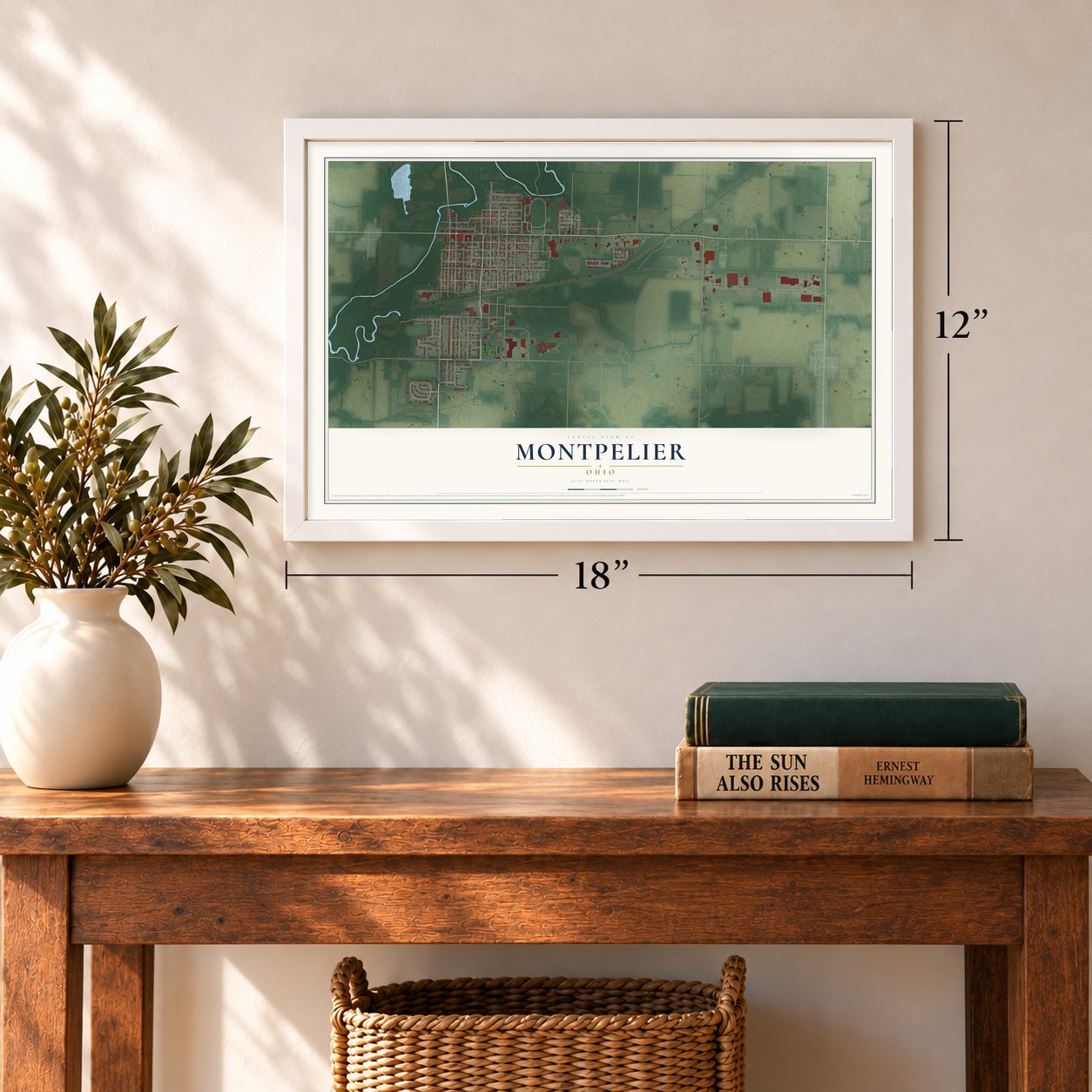 Montpelier, Ohio map, 12 x 18 inch print in a white frame in an entryway