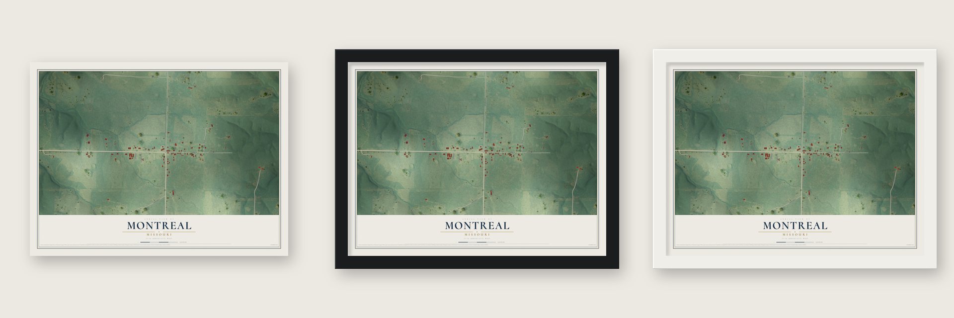 Montreal, Missouri map unframed, in a black wood frame and in a white wood frame