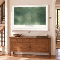 Montreal, Missouri map, 24 x 36 inch print in a white frame above a dresser by a staircase
