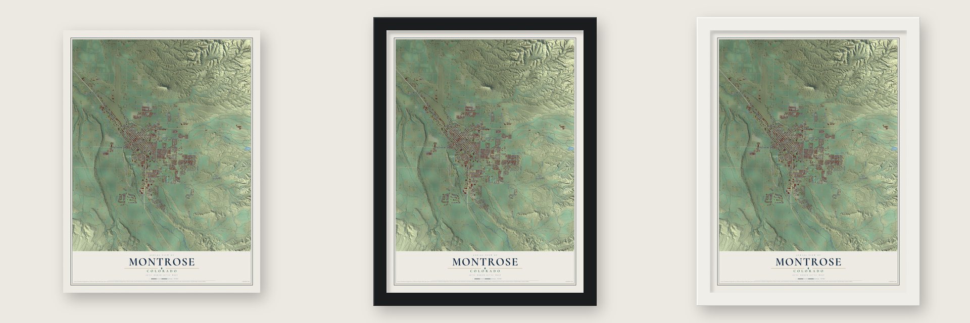Montrose, Colorado map unframed, in a black wood frame and in a white wood frame