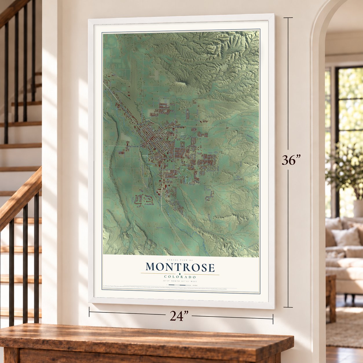 Montrose, Colorado map, 24 x 36 inch print in a white frame by a staircase
