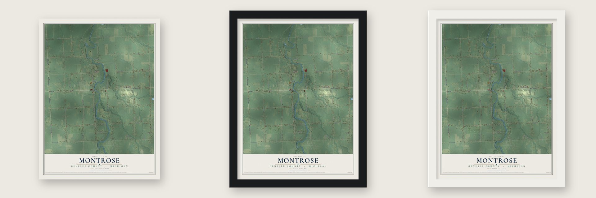 Montrose, Genesee County, Michigan map unframed, in a black wood frame and in a white wood frame