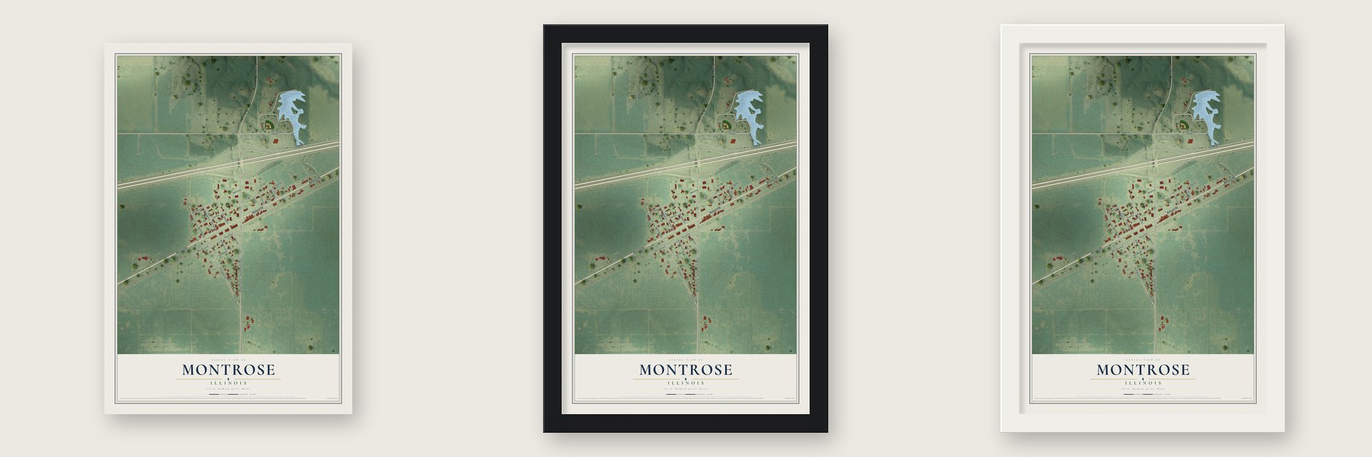 Montrose, Illinois map unframed, in a black wood frame and in a white wood frame