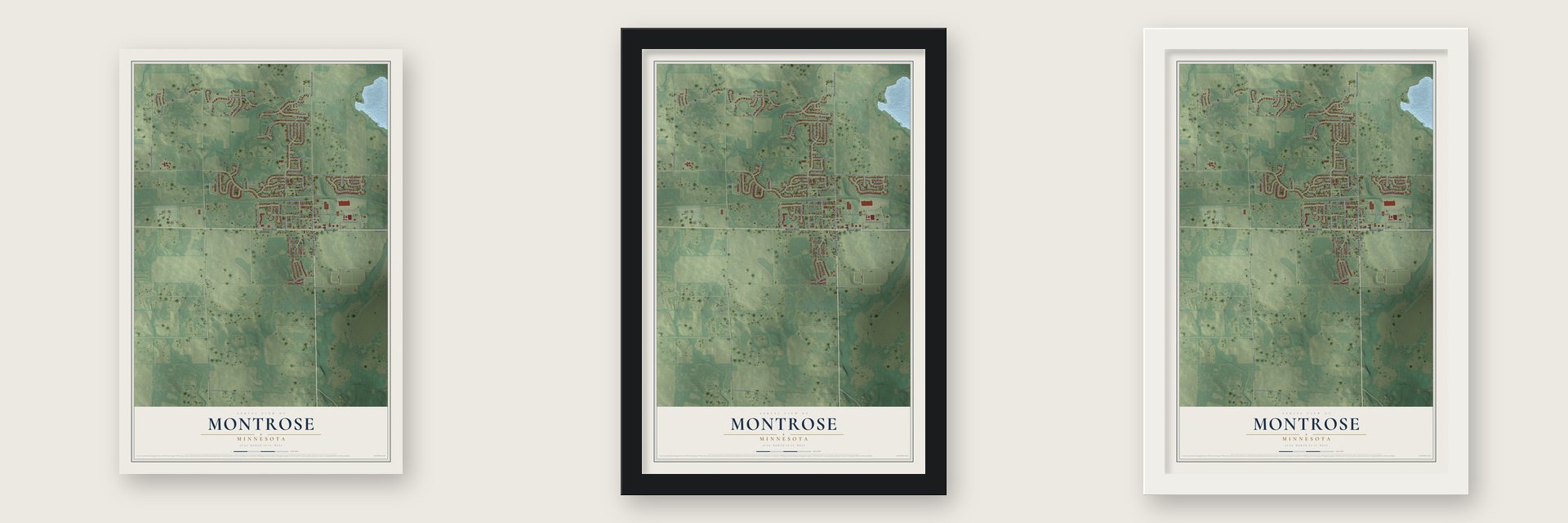 Montrose, Minnesota map unframed, in a black wood frame and in a white wood frame