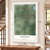 Montrose, Minnesota map, 24 x 36 inch print in a white frame by a staircase