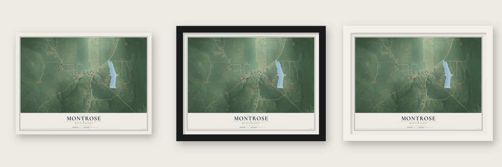 Montrose, Mississippi map unframed, in a black wood frame and in a white wood frame