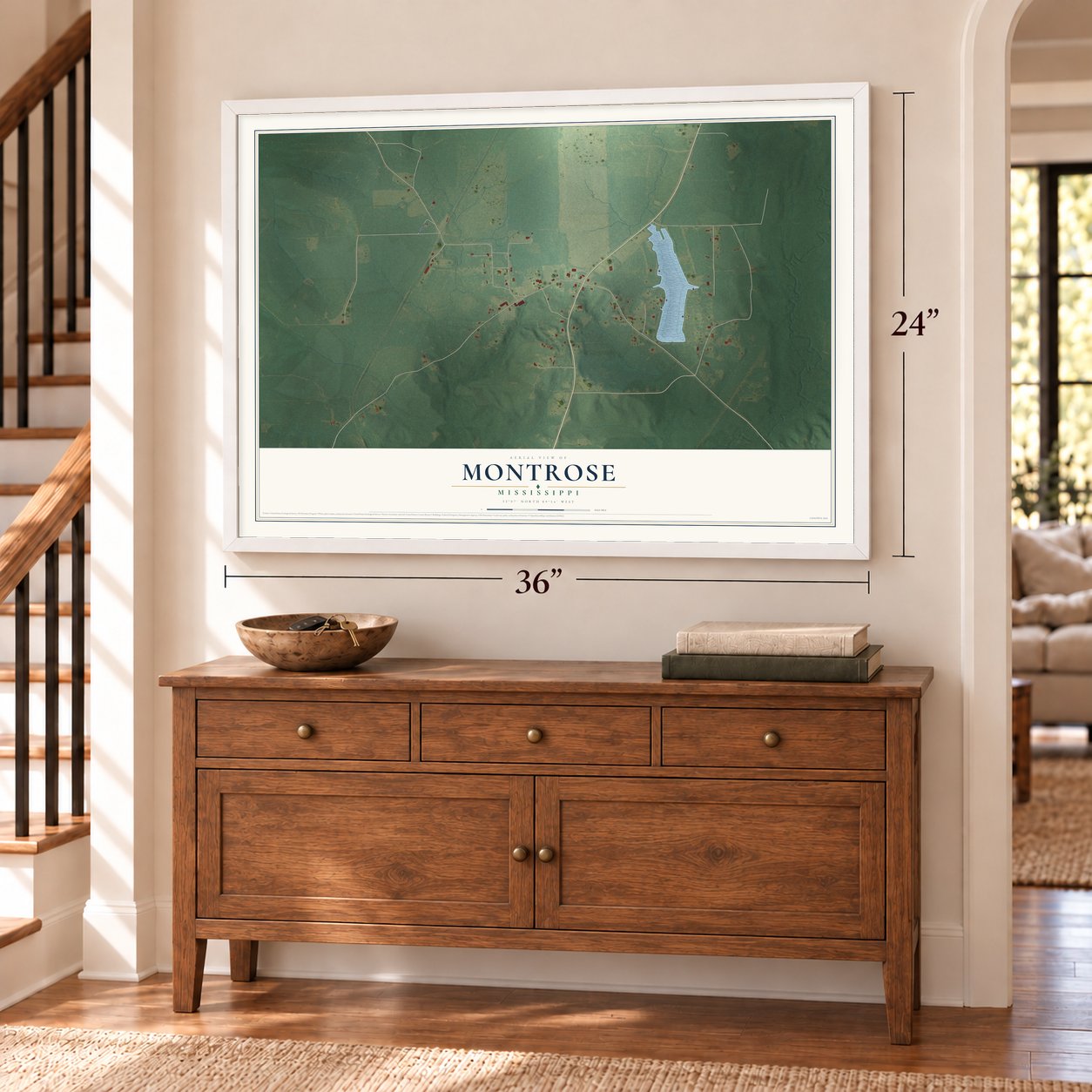 Montrose, Mississippi map, 24 x 36 inch print in a white frame above a dresser by a staircase