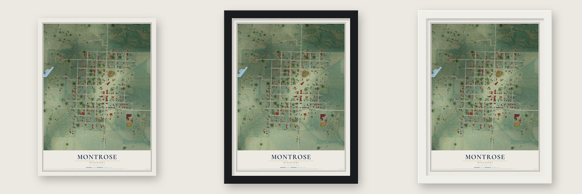 Montrose, Missouri map unframed, in a black wood frame and in a white wood frame
