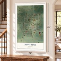 Montrose, Missouri map, 24 x 36 inch print in a white frame by a staircase