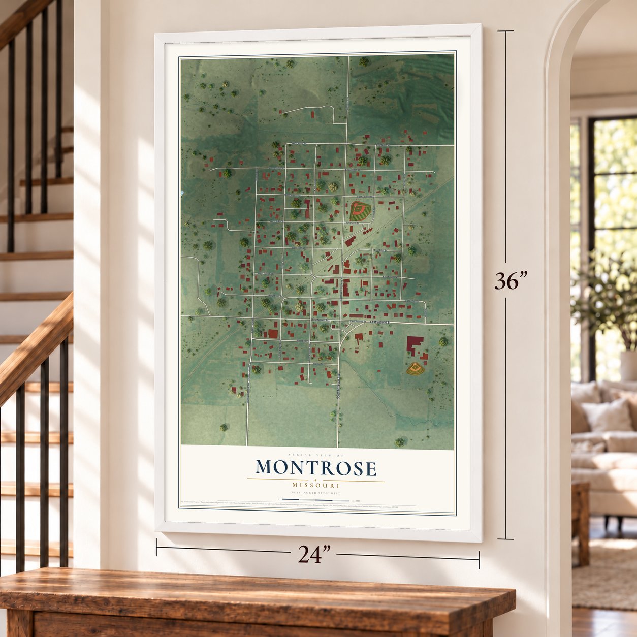 Montrose, Missouri map, 24 x 36 inch print in a white frame by a staircase