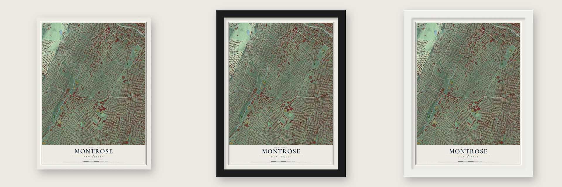 Montrose, New Jersey map unframed, in a black wood frame and in a white wood frame