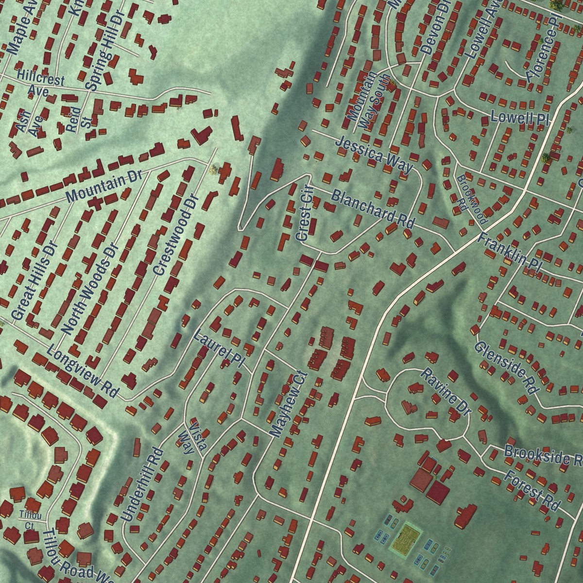 Second close-up of the map of Montrose, New Jersey print showing more streets and buildings