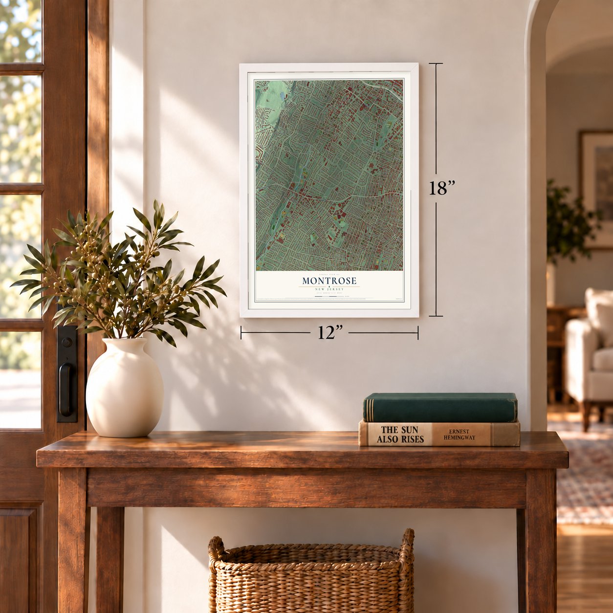 Montrose, New Jersey map, 12 x 18 inch print in a white frame in an entryway