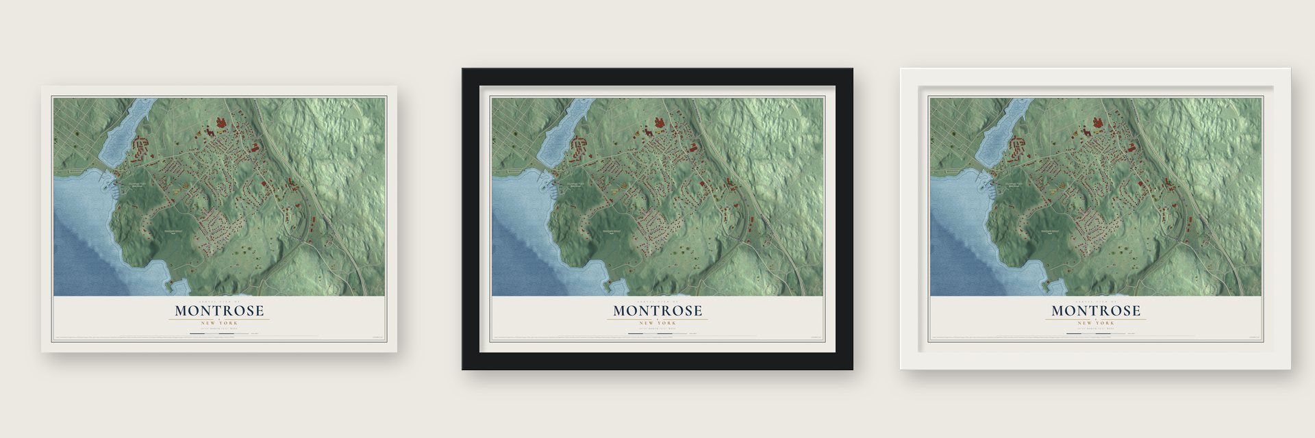 Montrose, New York map unframed, in a black wood frame and in a white wood frame
