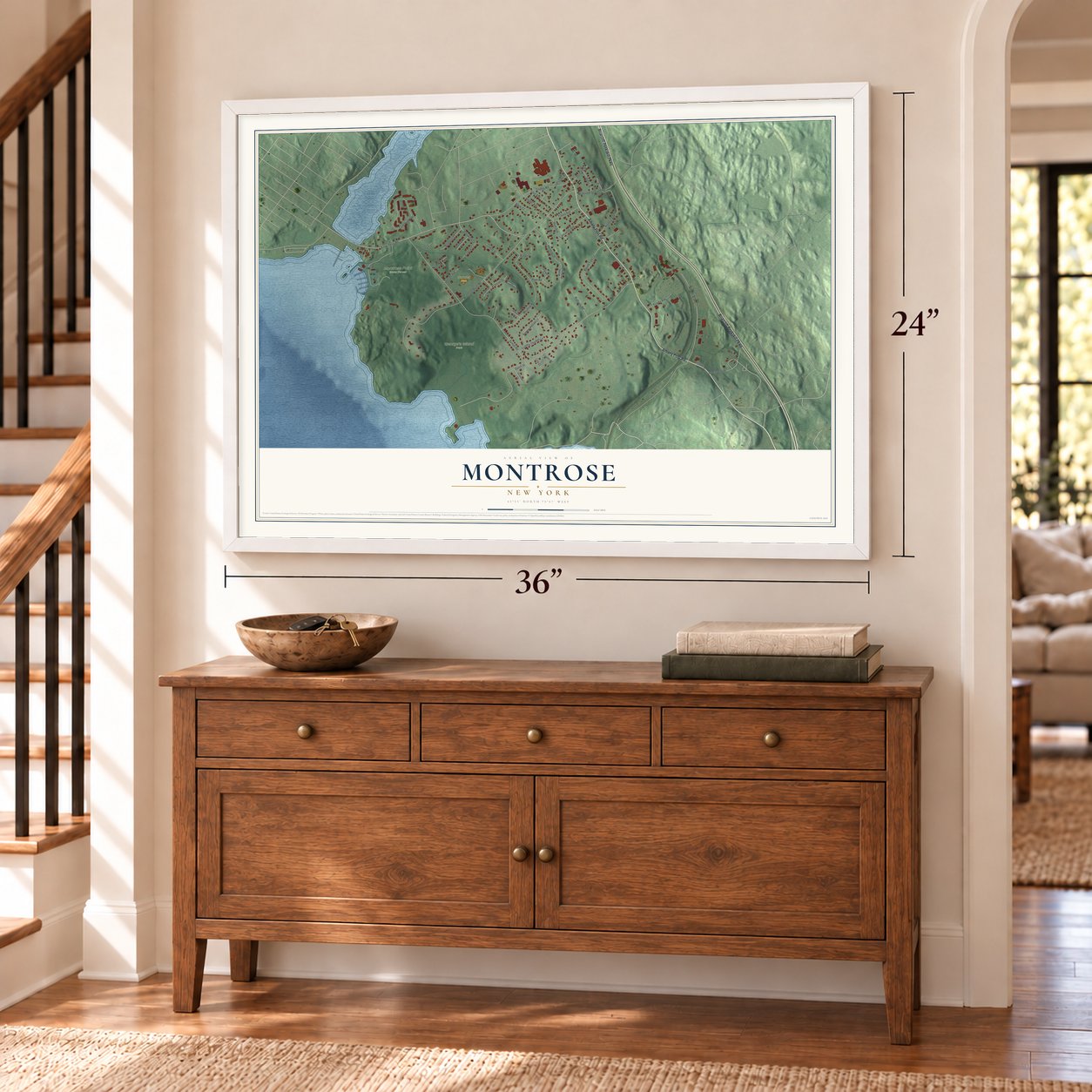Montrose, New York map, 24 x 36 inch print in a white frame above a dresser by a staircase