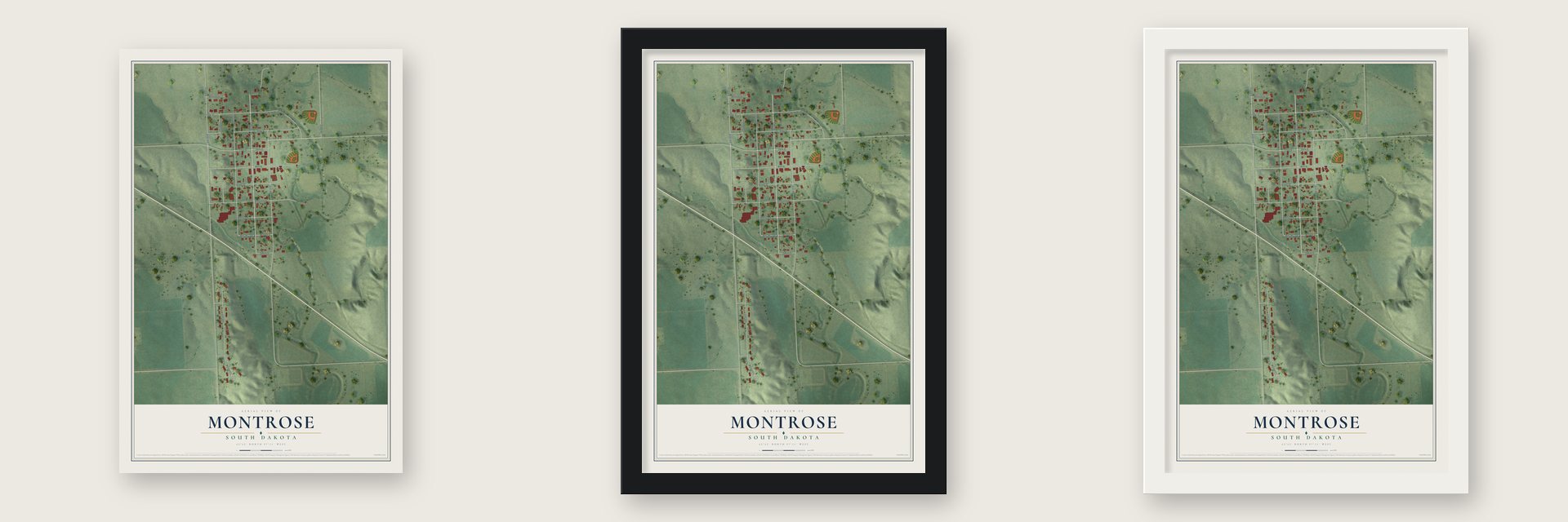 Montrose, South Dakota map unframed, in a black wood frame and in a white wood frame