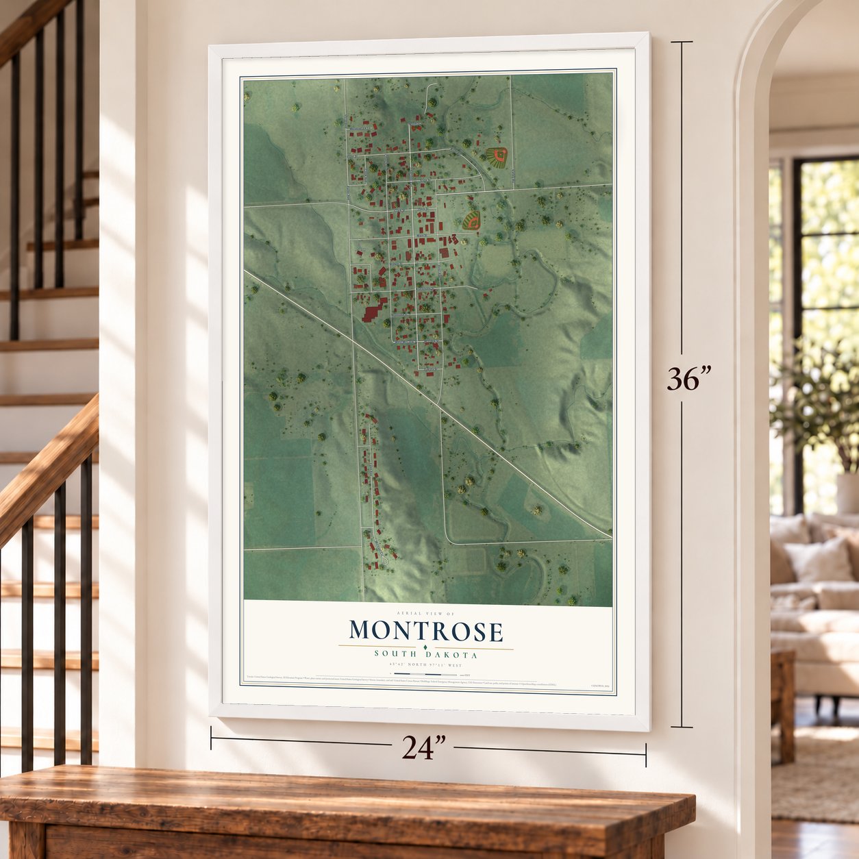 Montrose, South Dakota map, 24 x 36 inch print in a white frame by a staircase