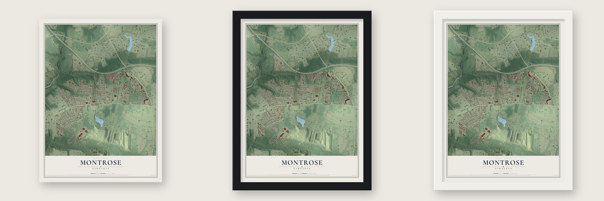 Montrose, Virginia map unframed, in a black wood frame and in a white wood frame